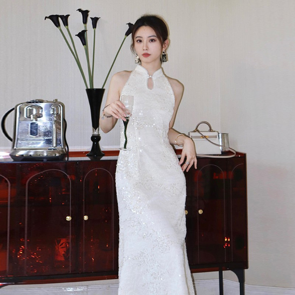 ReVe High Ding Lanling Princess Sparkling Waist Strap Skirt Women s Chiffon Engagement Toast Dress New Chinese Cheongsam image 10
