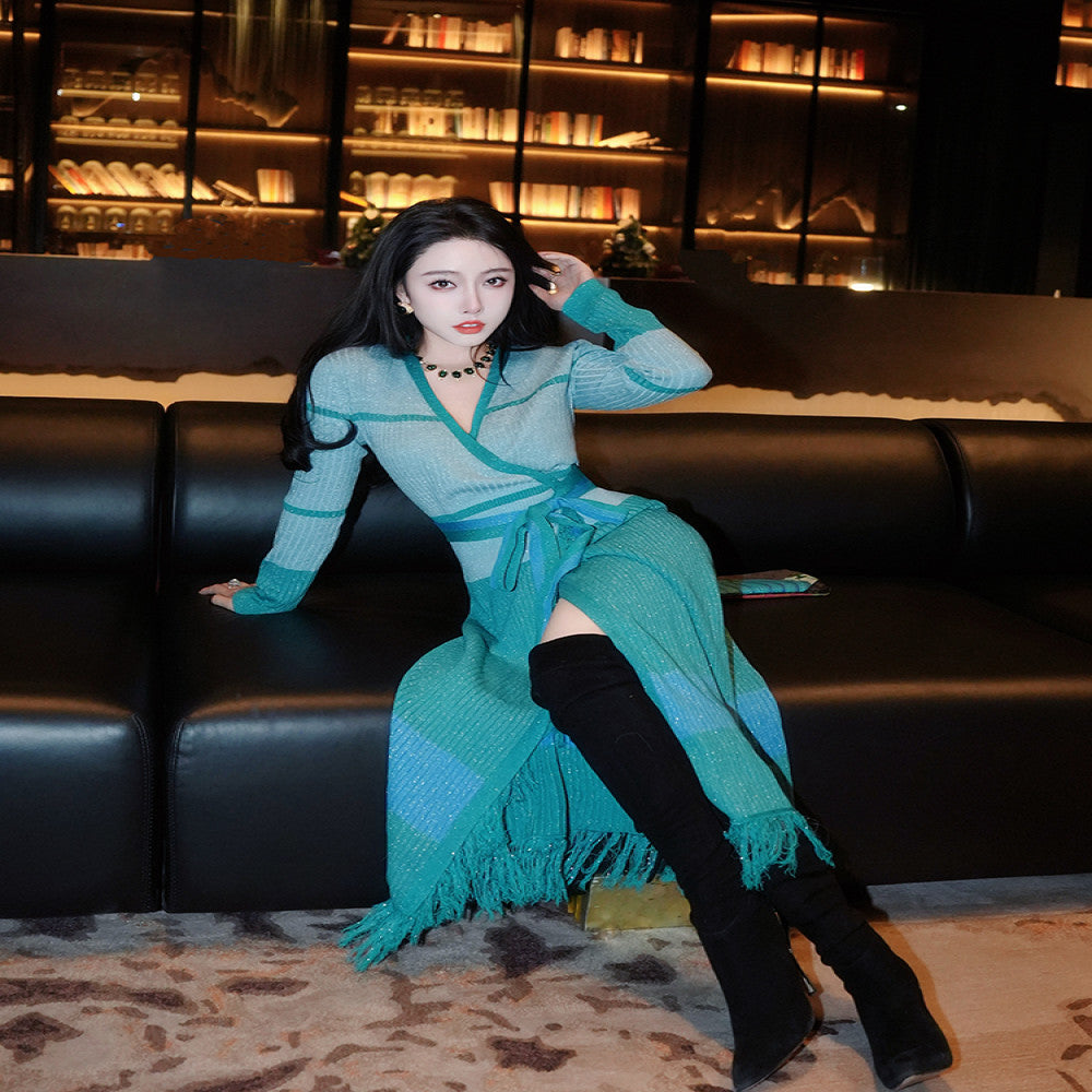 ReVe high end Persian jade design with color blocking cross straps handmade tassel wool knitted dress image 3