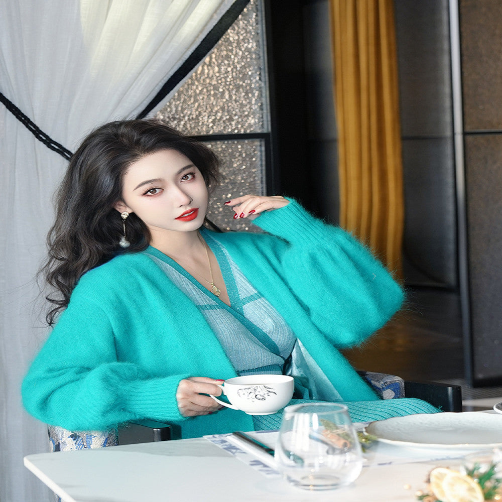 ReVe high end Persian jade design with color blocking cross straps handmade tassel wool knitted dress image 4