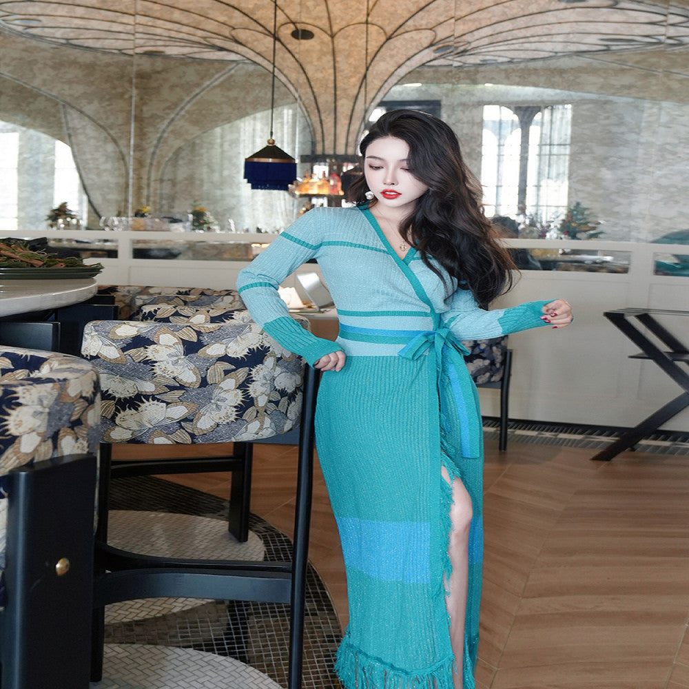ReVe high end Persian jade design with color blocking cross straps handmade tassel wool knitted dress image 0