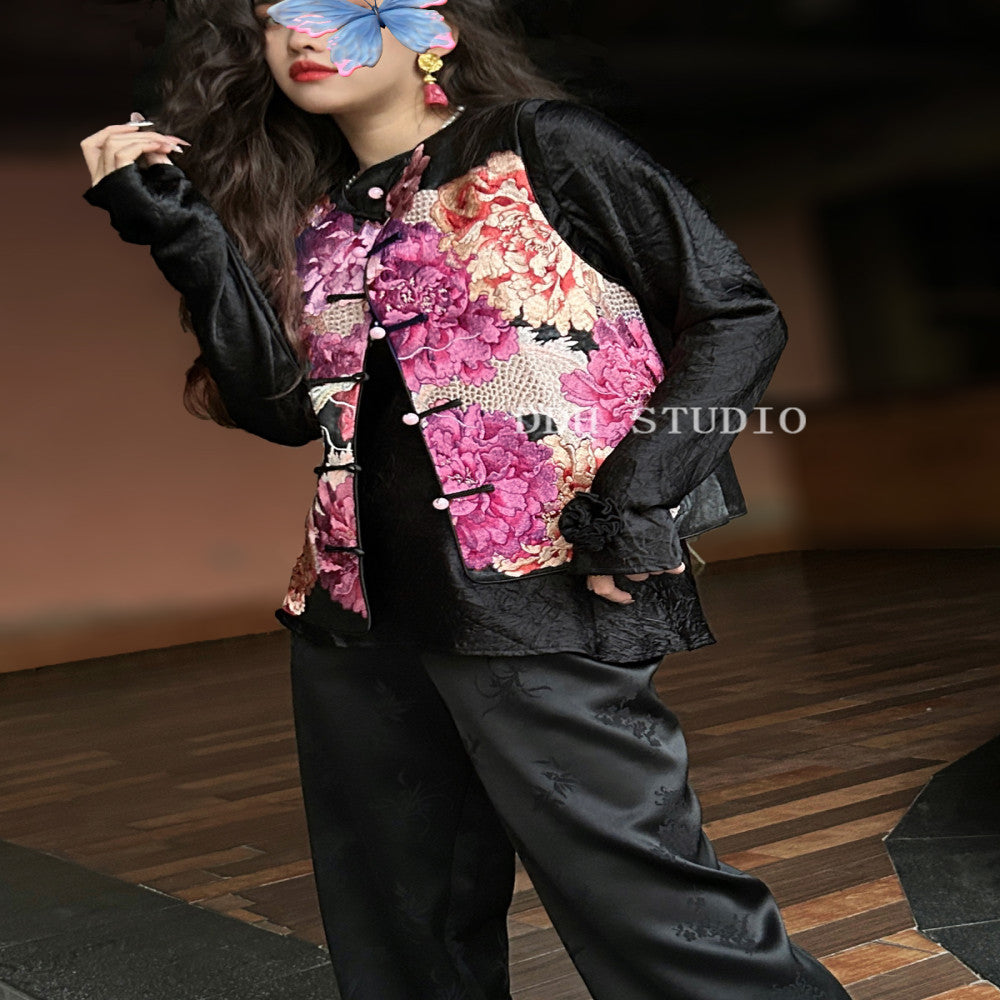 New Chinese style national style peony embroidery vinegar vest 2024 new style buckle retro top image 2