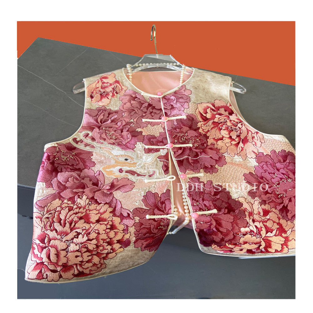 New Chinese style national style peony embroidery vinegar vest 2024 new style buckle retro top image 21