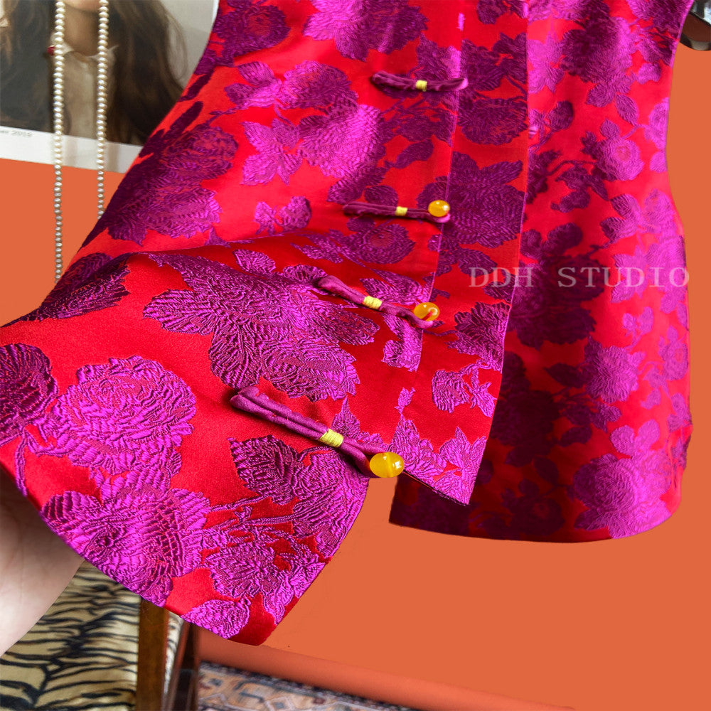 New Chinese style silk jacquard vest women s buckle improved sleeveless versatile woven brocade Chinese style top 2024 image 2