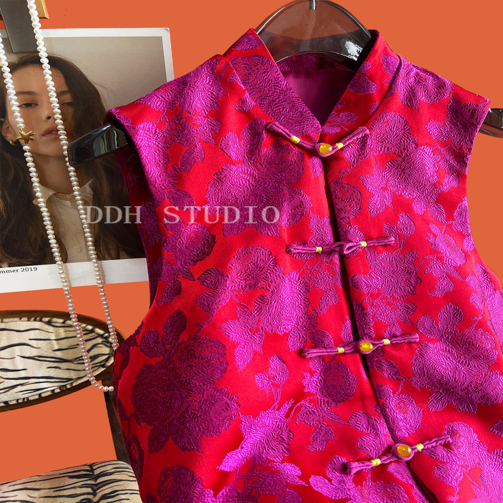 New Chinese style silk jacquard vest women s buckle improved sleeveless versatile woven brocade Chinese style top 2024 image 3
