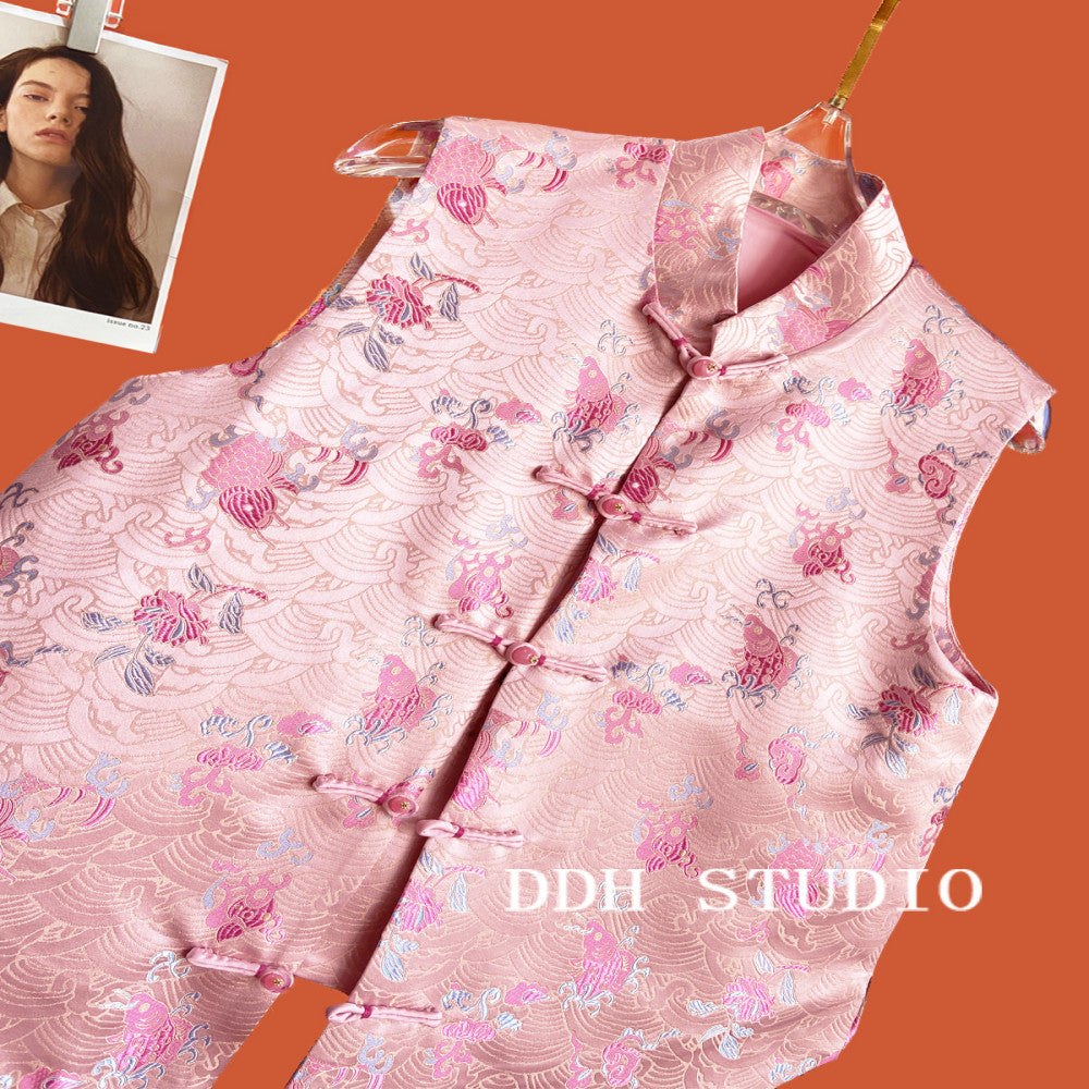 New Chinese style silk jacquard vest women s buckle improved sleeveless versatile woven brocade Chinese style top 2024 image 19