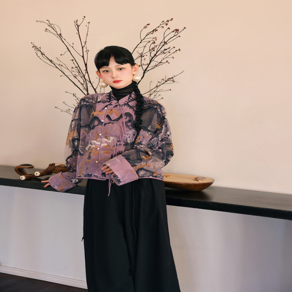 CHARMMY YE Playful Design Original Landscape Embroidery Purple Loose Short Tang Costume New Chinese Long Sleeve Cardigan image 2