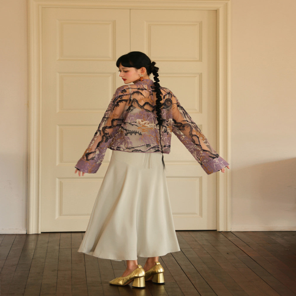 CHARMMY YE Playful Design Original Landscape Embroidery Purple Loose Short Tang Costume New Chinese Long Sleeve Cardigan image 3