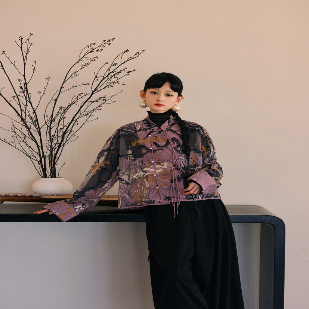 CHARMMY YE Playful Design Original Landscape Embroidery Purple Loose Short Tang Costume New Chinese Long Sleeve Cardigan image 4
