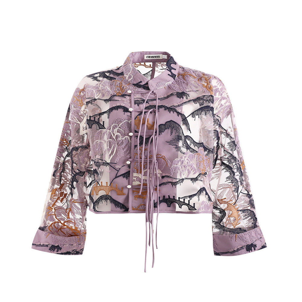 CHARMMY YE Playful Design Original Landscape Embroidery Purple Loose Short Tang Costume New Chinese Long Sleeve Cardigan image 5