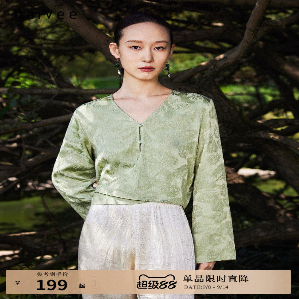 Naivee New Chinese Jacquard V neck Waist Horn Sleeve Mint Manbo Long Sleeve Shirt Women s Autumn Small Shirt image 1