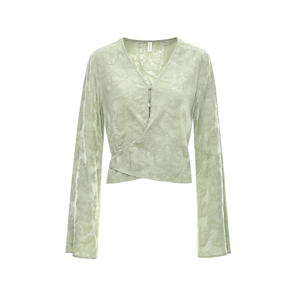 Naivee New Chinese Jacquard V neck Waist Horn Sleeve Mint Manbo Long Sleeve Shirt Women s Autumn Small Shirt image 8