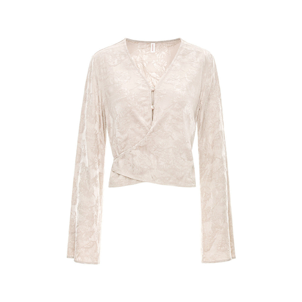 ASAYA2896 New Chinese jacquard V-neck waist tie bell sleeve truncated shirt top