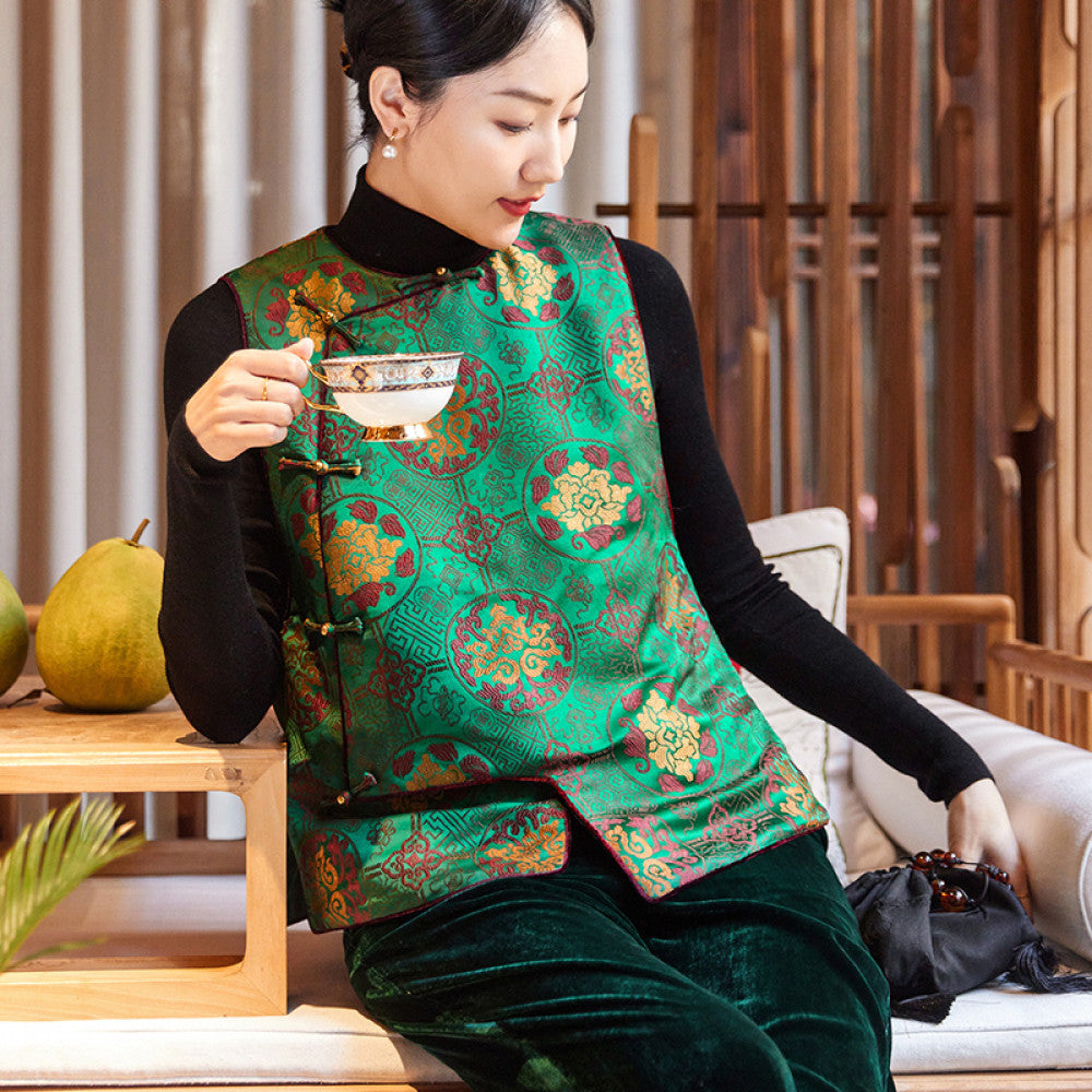 Feiyi Tangdong silk woven brocade fragrant cloud yarn versatile stand collar women retro Chinese style loose buckle clip cotton horse clip women image 12