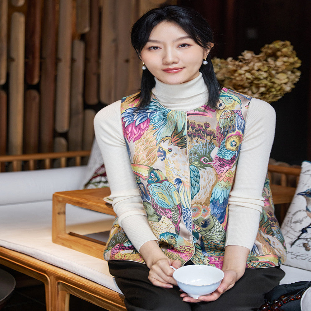 Feiyi Tang style Chinese style improved women s jacquard double sided wearing stand collar retro acetate Tang vest vest vest vest women s jacket image 4