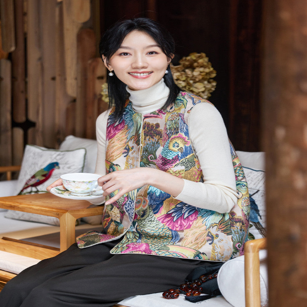 Feiyi Tang style Chinese style improved women s jacquard double sided wearing stand collar retro acetate Tang vest vest vest vest women s jacket image 0