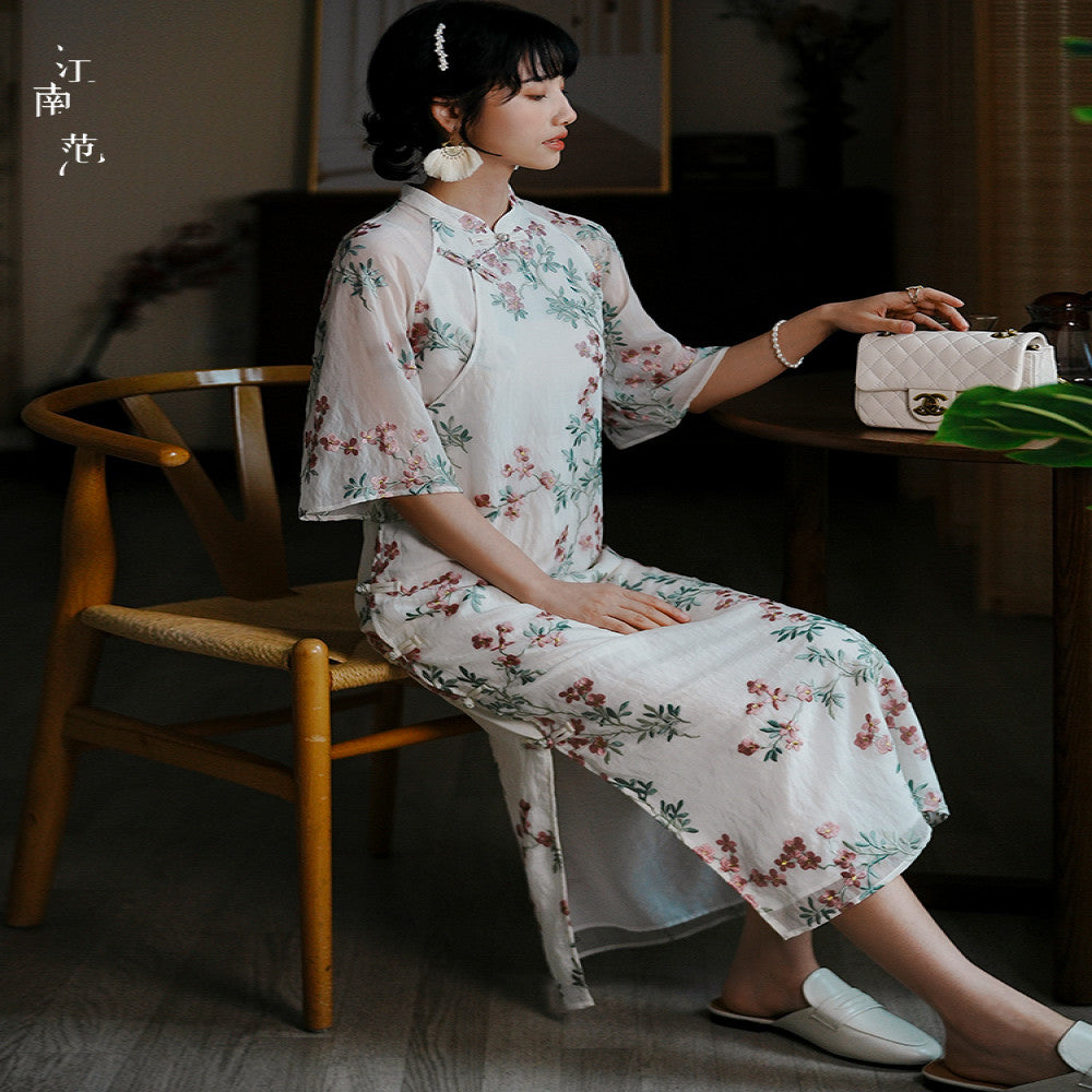 Jiangnan style new style summer improved cheongsam young style fresh and small embroidery fully open placket buttoned long skirt Chinese style thin image 2