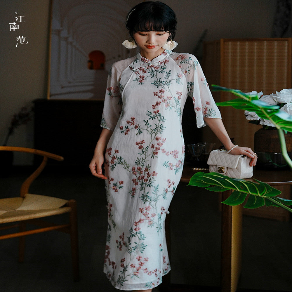 Jiangnan style new style summer improved cheongsam young style fresh and small embroidery fully open placket buttoned long skirt Chinese style thin image 4