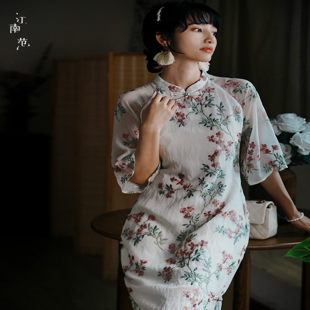 Jiangnan style new style summer improved cheongsam young style fresh and small embroidery fully open placket buttoned long skirt Chinese style thin image 5