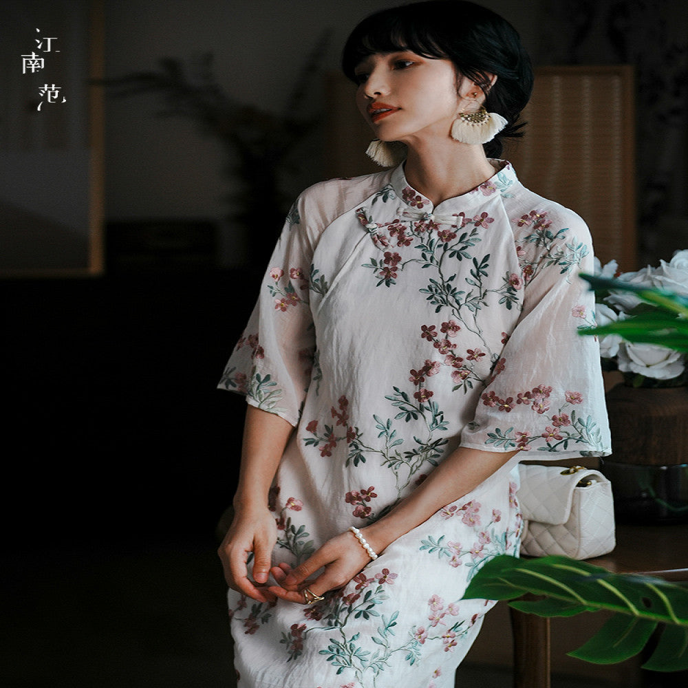 Jiangnan style new style summer improved cheongsam young style fresh and small embroidery fully open placket buttoned long skirt Chinese style thin image 0