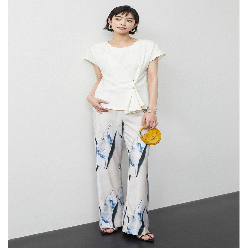 Le Samedi Love Worry Ya Metal Structure Decorative Buckle Two Wear Satin Silk Soft Fashion Short Sleeve Top image 2