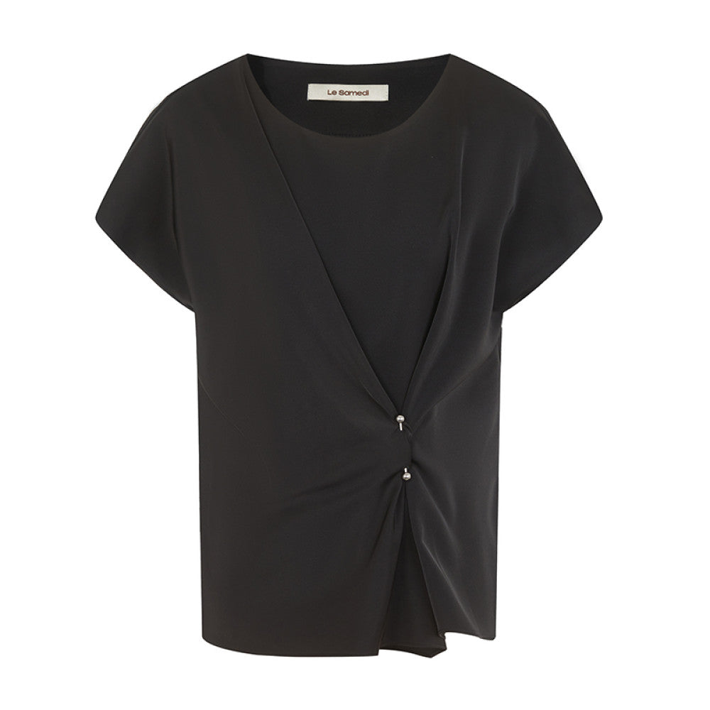 ASAYA2881 Love the elegant metal structure decorative buckle two-wear satin silk soft fashion short-sleeved top