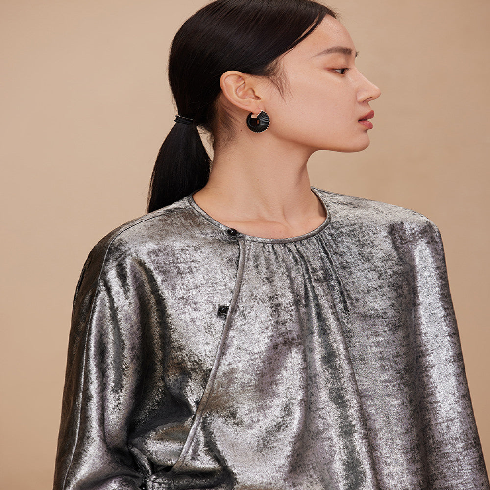 Ruyi Lianyun Spring and Autumn New Round Collar Slant Hemp Blouse Women s New Chinese Retro Jade Bead Broken Fold Top image 2