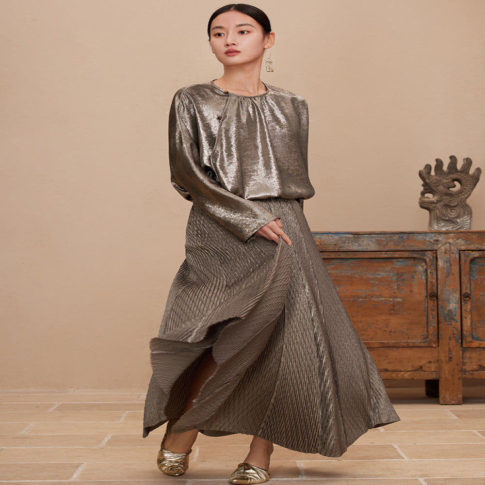 Ruyi Lianyun Spring and Autumn New Round Collar Slant Hemp Blouse Women s New Chinese Retro Jade Bead Broken Fold Top image 3