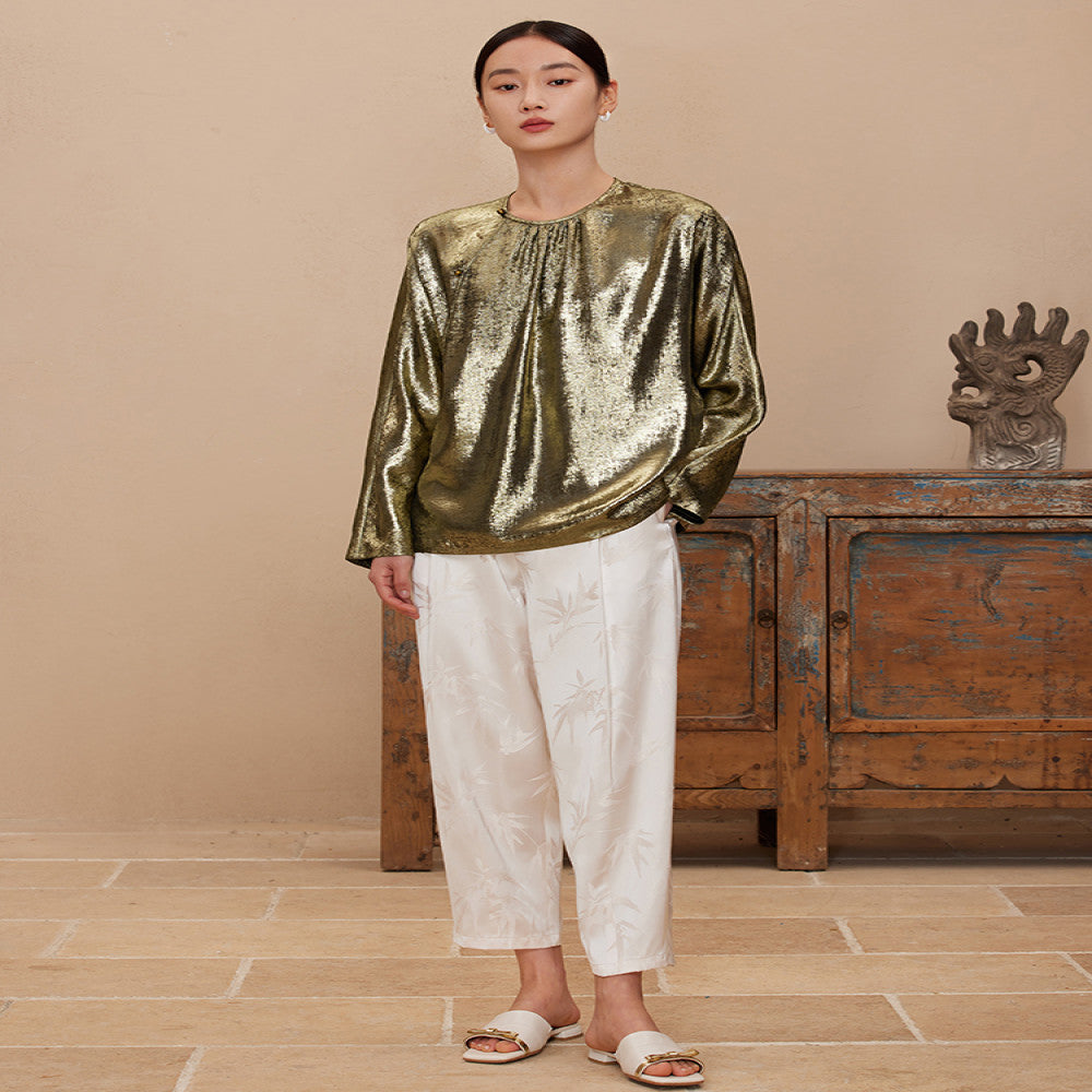 Ruyi Lianyun Spring and Autumn New Round Collar Slant Hemp Blouse Women s New Chinese Retro Jade Bead Broken Fold Top image 4