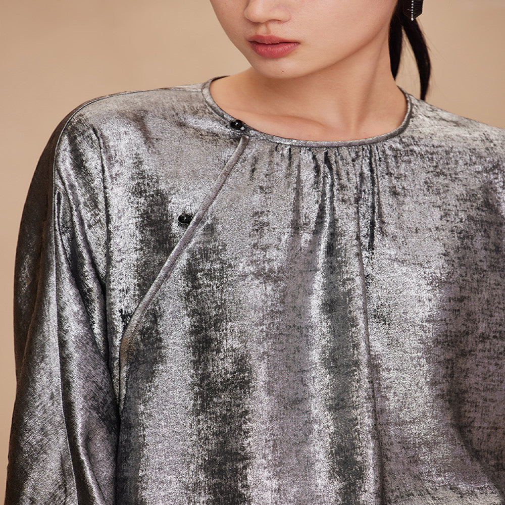 Ruyi Lianyun Spring and Autumn New Round Collar Slant Hemp Blouse Women s New Chinese Retro Jade Bead Broken Fold Top image 5