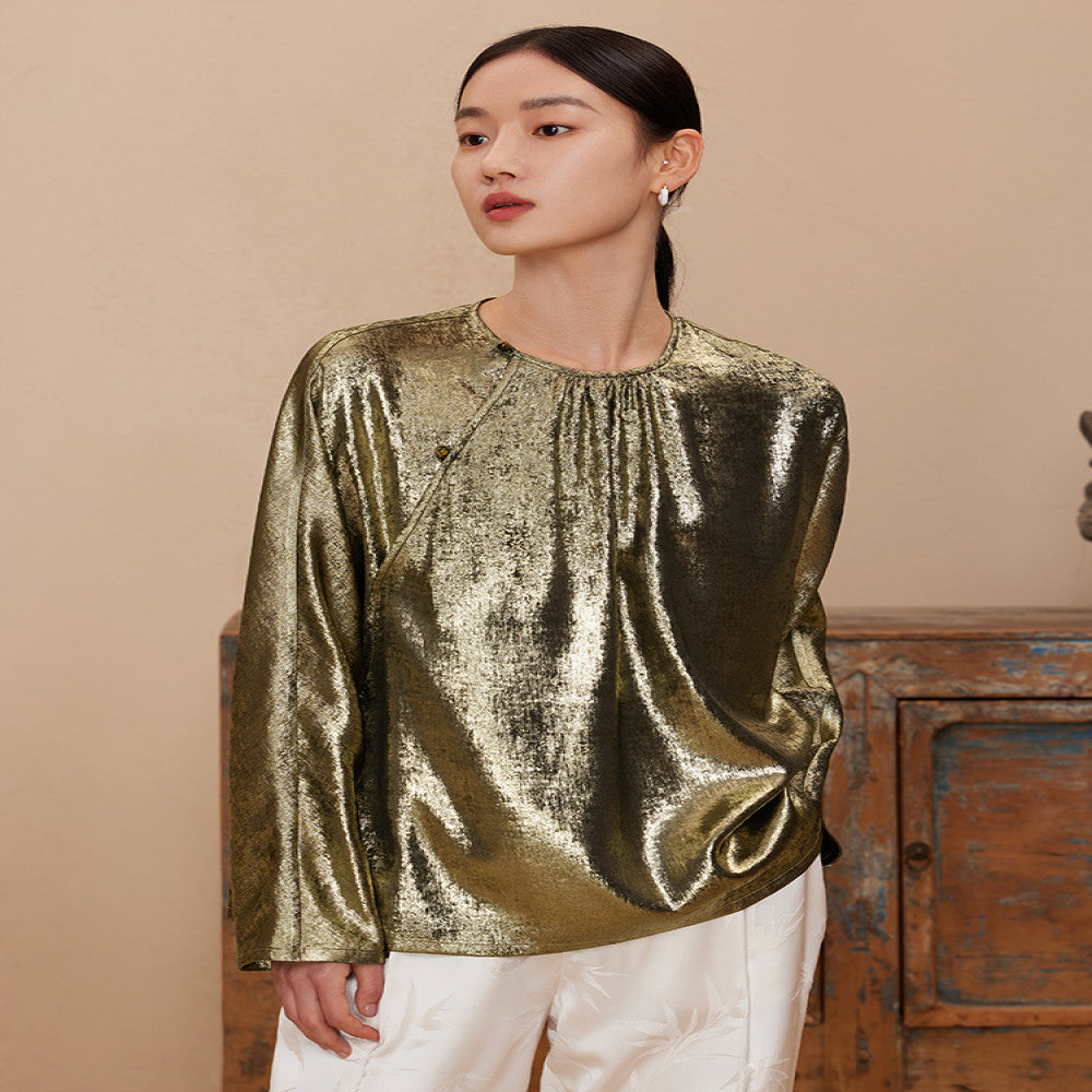 Ruyi Lianyun Spring and Autumn New Round Collar Slant Hemp Blouse Women s New Chinese Retro Jade Bead Broken Fold Top image 0