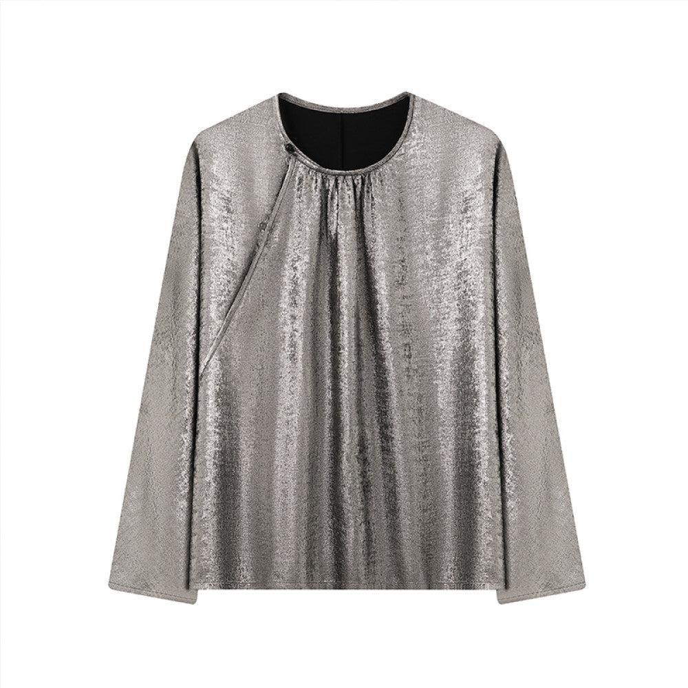 Ruyi Lianyun Spring and Autumn New Round Collar Slant Hemp Blouse Women s New Chinese Retro Jade Bead Broken Fold Top image 7