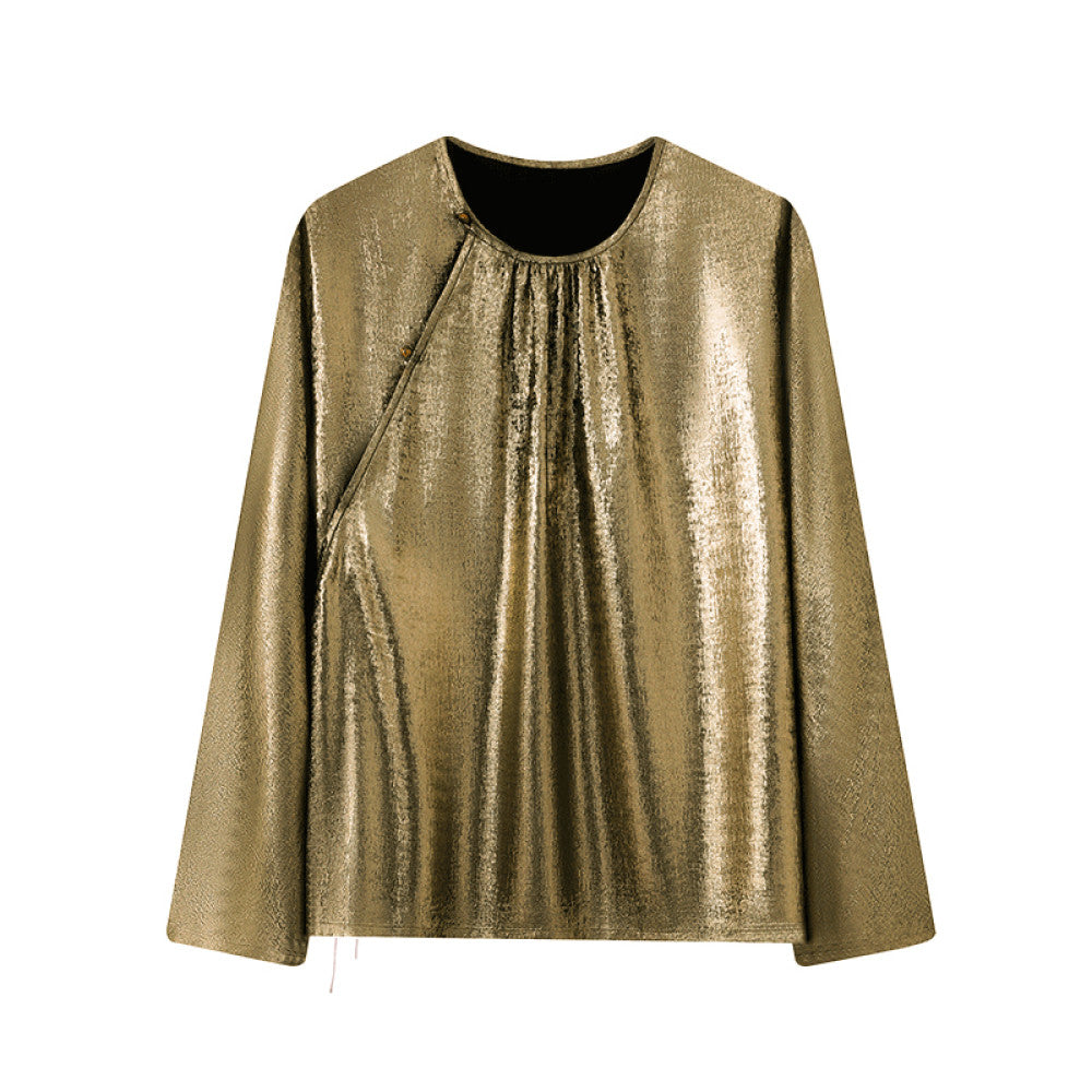 Ruyi Lianyun Spring and Autumn New Round Collar Slant Hemp Blouse Women s New Chinese Retro Jade Bead Broken Fold Top image 19