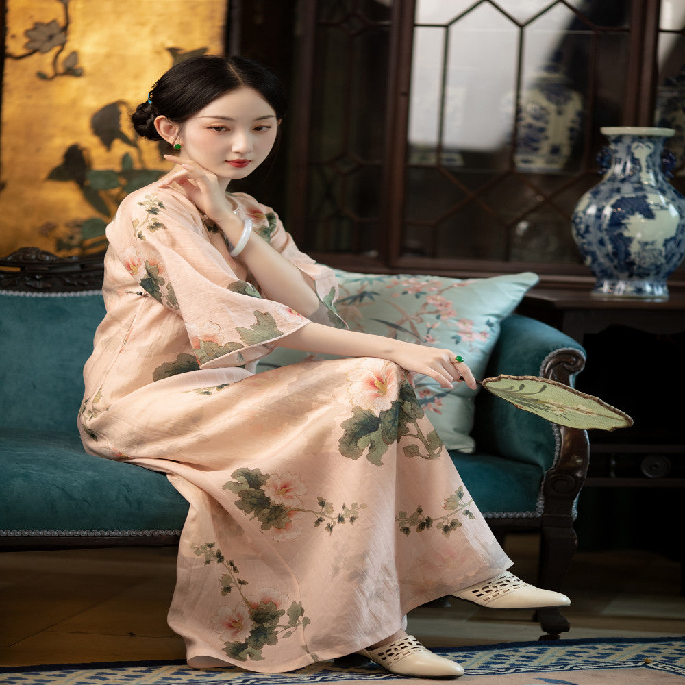 Pink Kui Reflects Summer One City Style Plush Summer Style Hemp Printed Retro Republic of China Style Inverted Big Sleeve One Piece Loose Cheongsam image 2