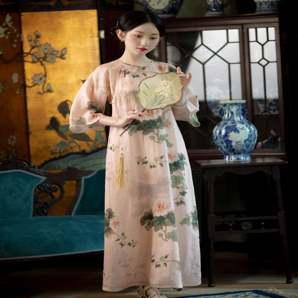 Pink Kui Reflects Summer One City Style Plush Summer Style Hemp Printed Retro Republic of China Style Inverted Big Sleeve One Piece Loose Cheongsam image 0