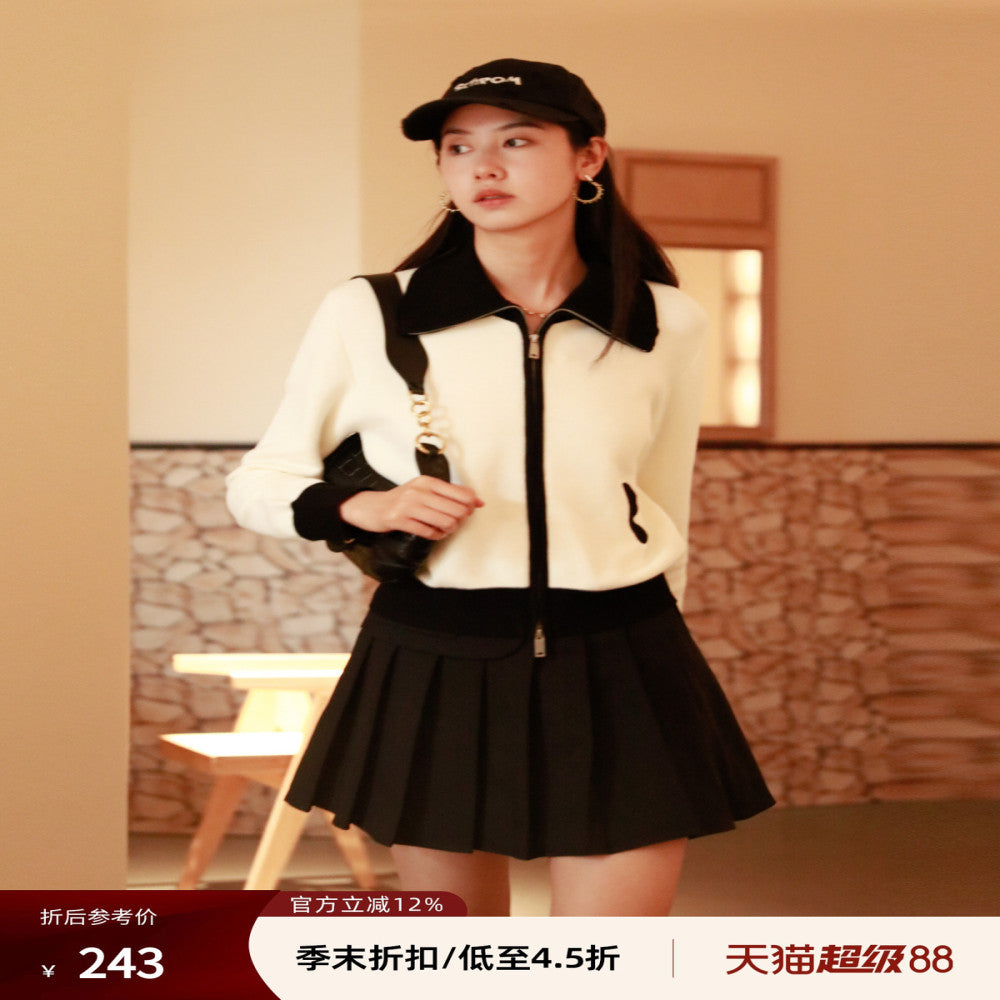 Nishimachi Village House Knitted Shirt Women s Autumn New Collection Retro Simple Versatile Color blocked Zipper Short cardigan AC8213003 image 1