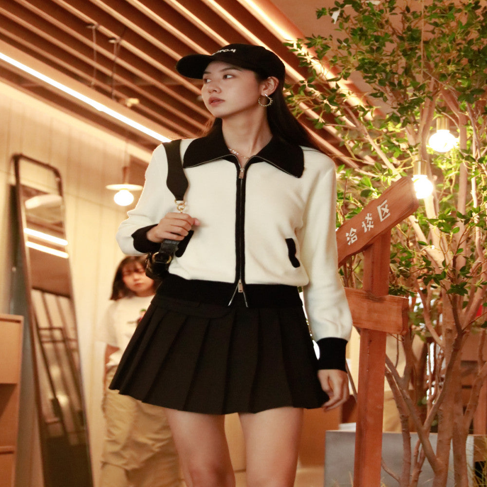 Nishimachi Village House Knitted Shirt Women s Autumn New Collection Retro Simple Versatile Color blocked Zipper Short cardigan AC8213003 image 3