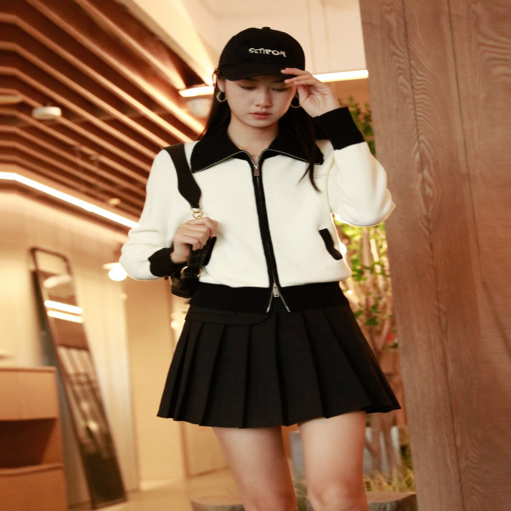 Nishimachi Village House Knitted Shirt Women s Autumn New Collection Retro Simple Versatile Color blocked Zipper Short cardigan AC8213003 image 4
