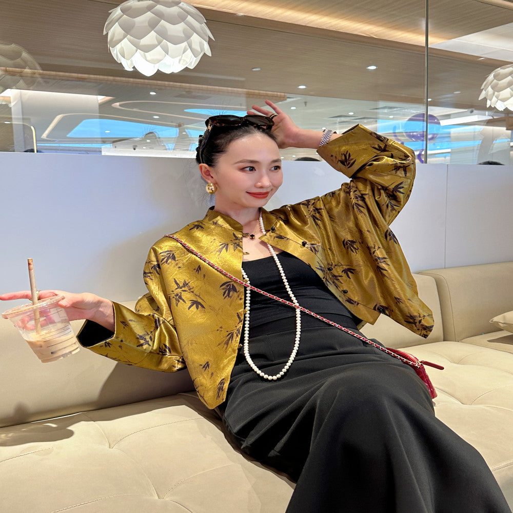 Leopard patterned fried noodles with a high end feel new Chinese style vinegar loose jacket women s Chinese style short Tang style shirt stand up collar top image 7