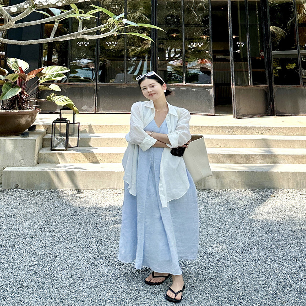 Cml midsummer linen vest skirt cocoon shaped dress summer new design sense Korean version temperament sleeveless V neck camisole skirt image 2