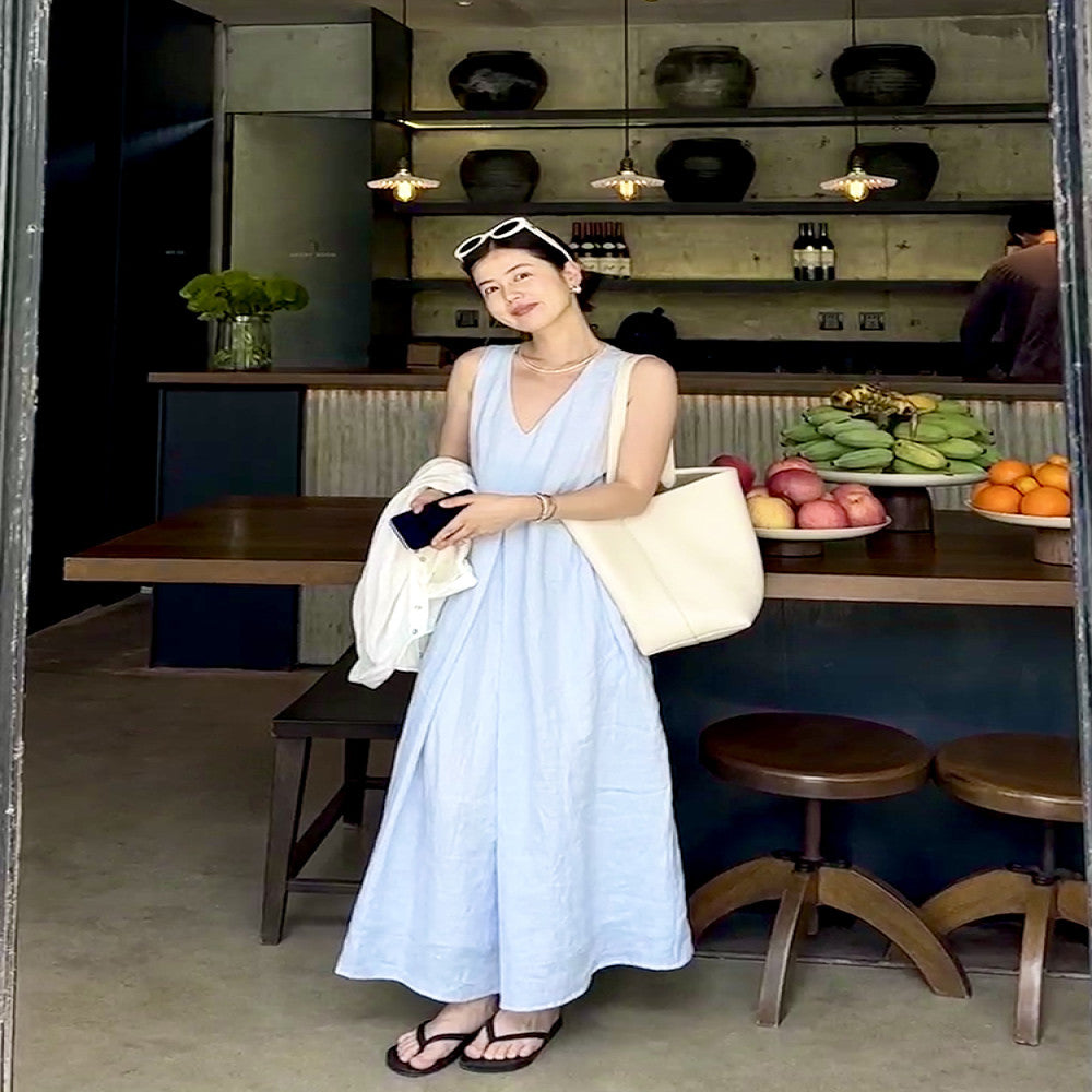 Cml midsummer linen vest skirt cocoon shaped dress summer new design sense Korean version temperament sleeveless V neck camisole skirt image 4