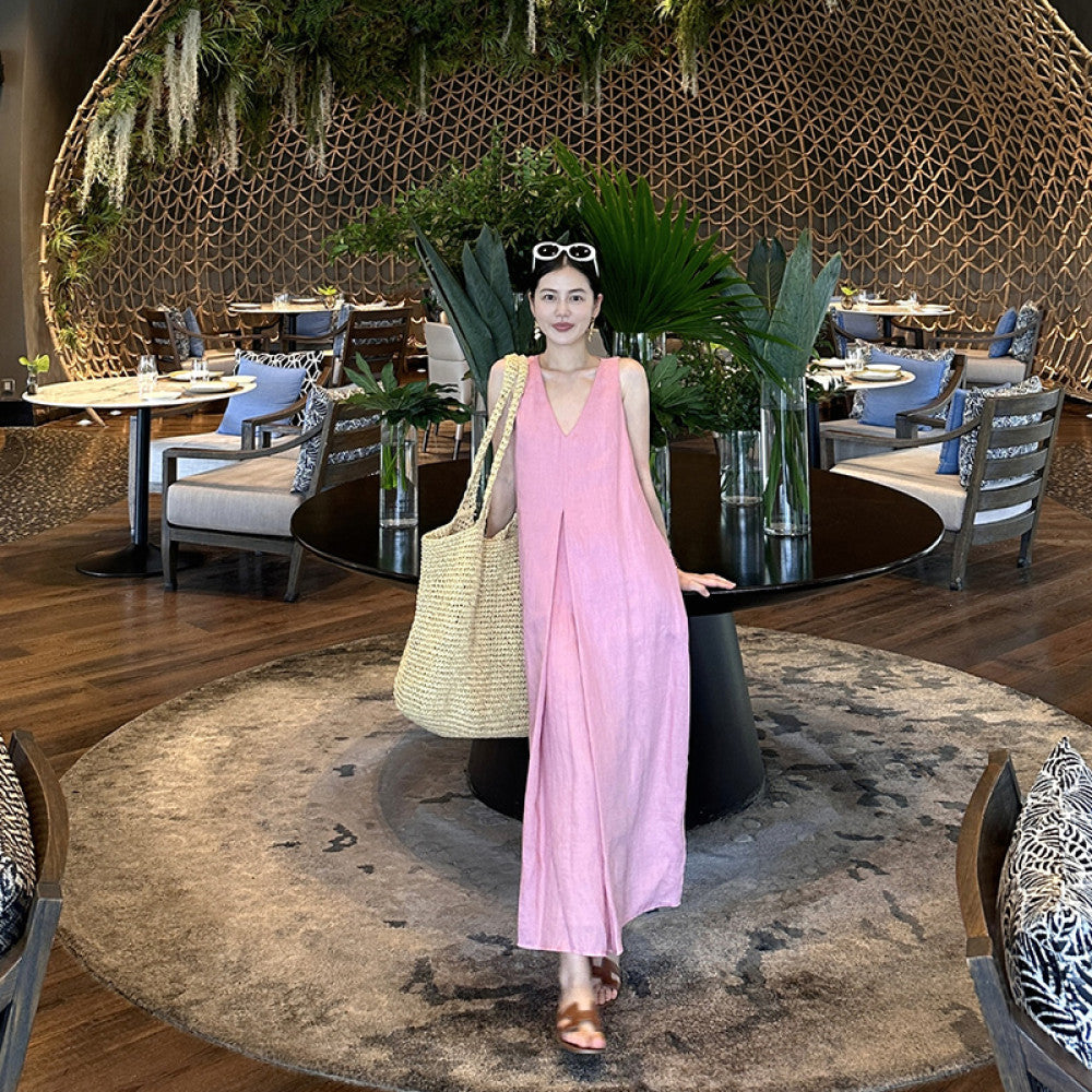 Cml midsummer linen vest skirt cocoon shaped dress summer new design sense Korean version temperament sleeveless V neck camisole skirt image 23
