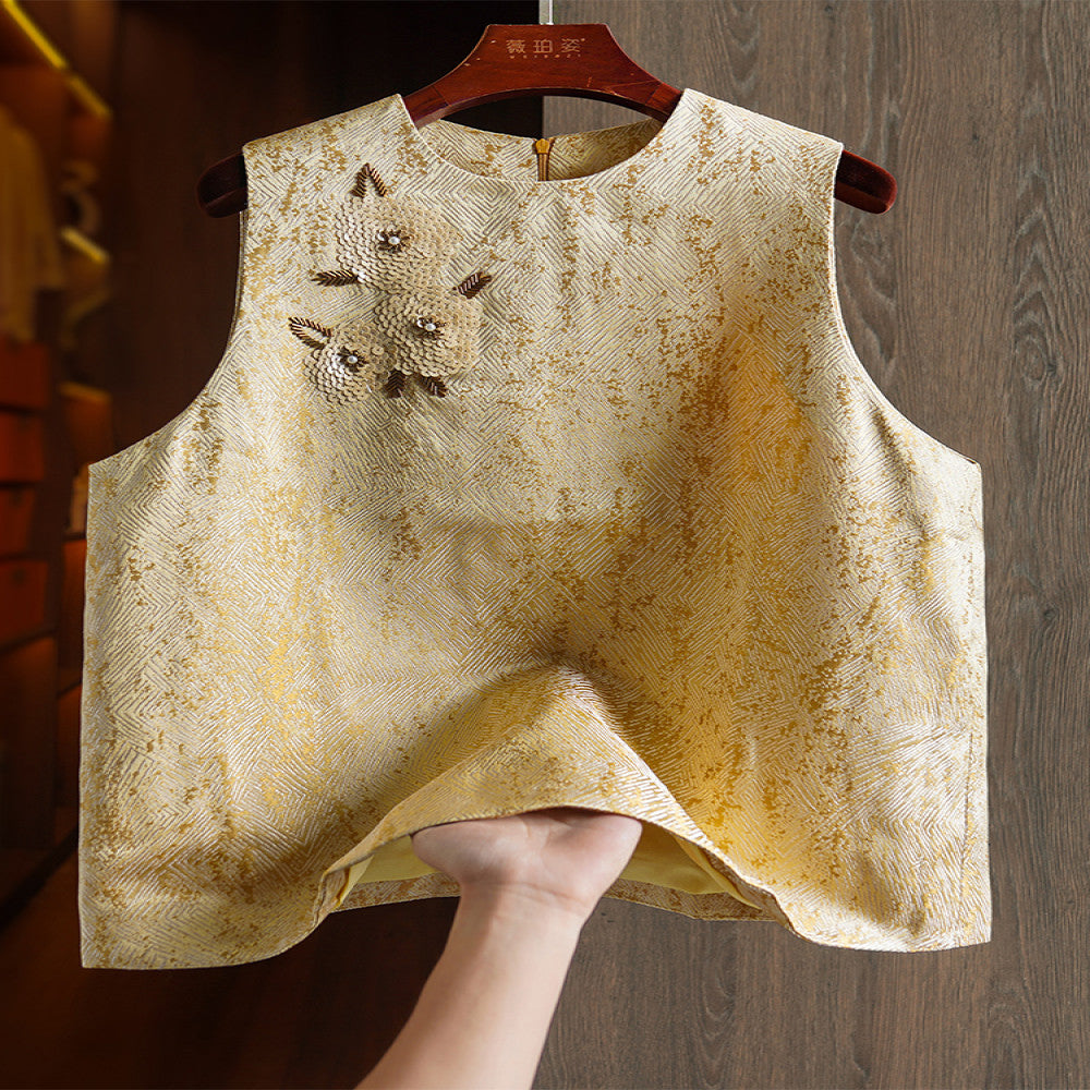 Yellow high end niche original design Chinese vest women s fashion nail bead sequin retro jacquard top image 0