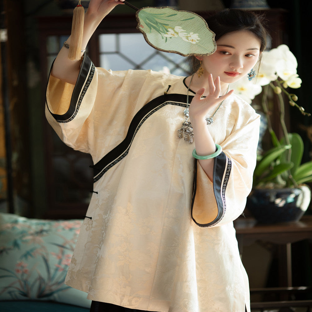 Cloud sideburns fragrant evening One city style fluff Chinese beige jacquard satin restored Qing Han diagonal women s robe top loose fitting image 1
