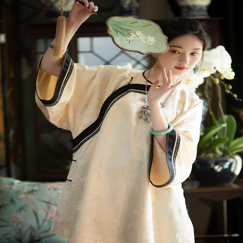Cloud sideburns fragrant evening One city style fluff Chinese beige jacquard satin restored Qing Han diagonal women s robe top loose fitting image 5