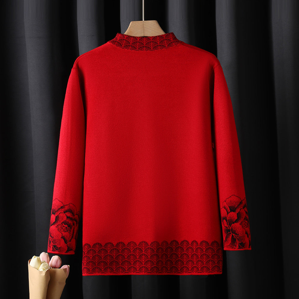 Old woman mother s outfit Tang style knitted sweater autumn and winter coat red zodiac year dress retro buttoned clothes grandmother s outfit image 2