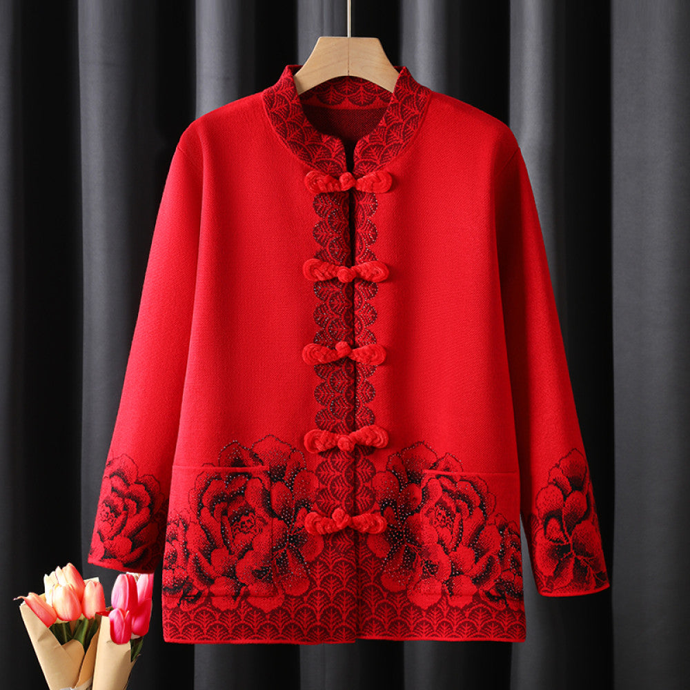 Old woman mother s outfit Tang style knitted sweater autumn and winter coat red zodiac year dress retro buttoned clothes grandmother s outfit image 3