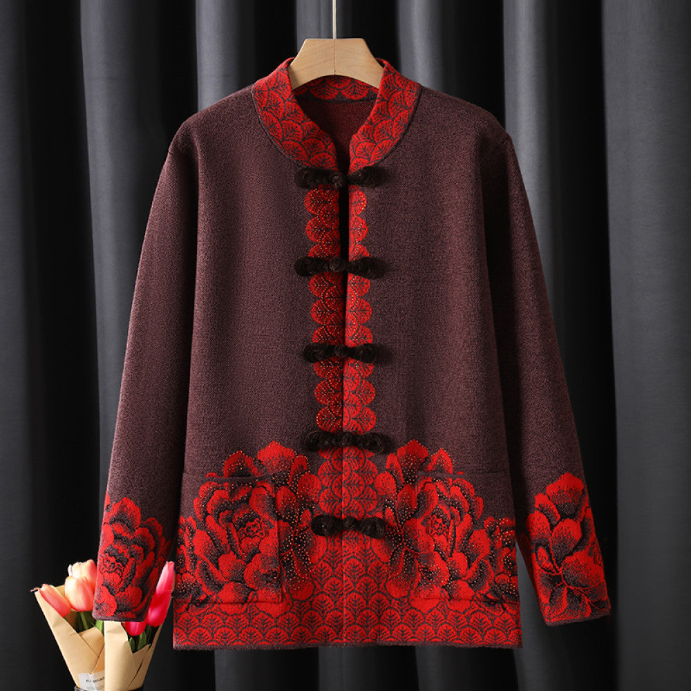 Old woman mother s outfit Tang style knitted sweater autumn and winter coat red zodiac year dress retro buttoned clothes grandmother s outfit image 4