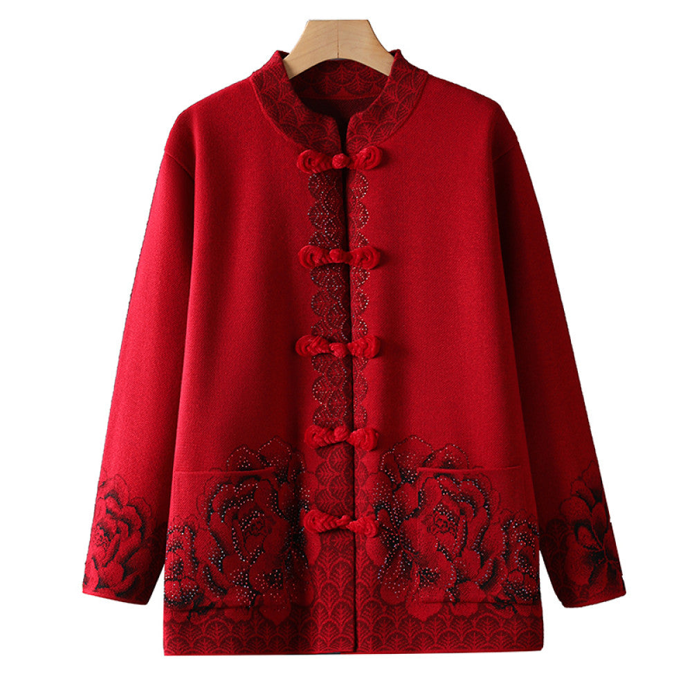 Old woman mother s outfit Tang style knitted sweater autumn and winter coat red zodiac year dress retro buttoned clothes grandmother s outfit image 5