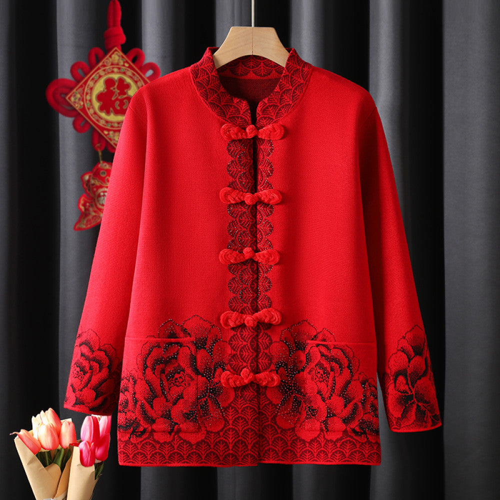 Old woman mother s outfit Tang style knitted sweater autumn and winter coat red zodiac year dress retro buttoned clothes grandmother s outfit image 6