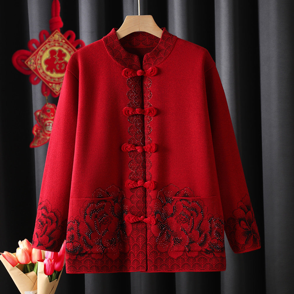 Old woman mother s outfit Tang style knitted sweater autumn and winter coat red zodiac year dress retro buttoned clothes grandmother s outfit image 30
